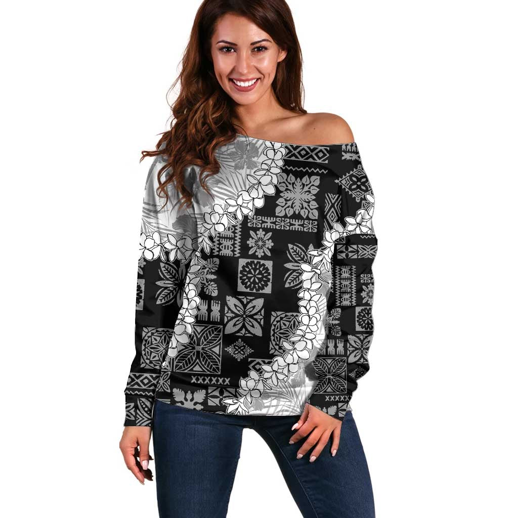 Hawaii Aloha Off Shoulder Sweater White Quilt Patch Work Mix Plumeria Lei LT7 Women White - Polynesian Pride