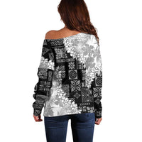Hawaii Aloha Off Shoulder Sweater White Quilt Patch Work Mix Plumeria Lei LT7 - Polynesian Pride