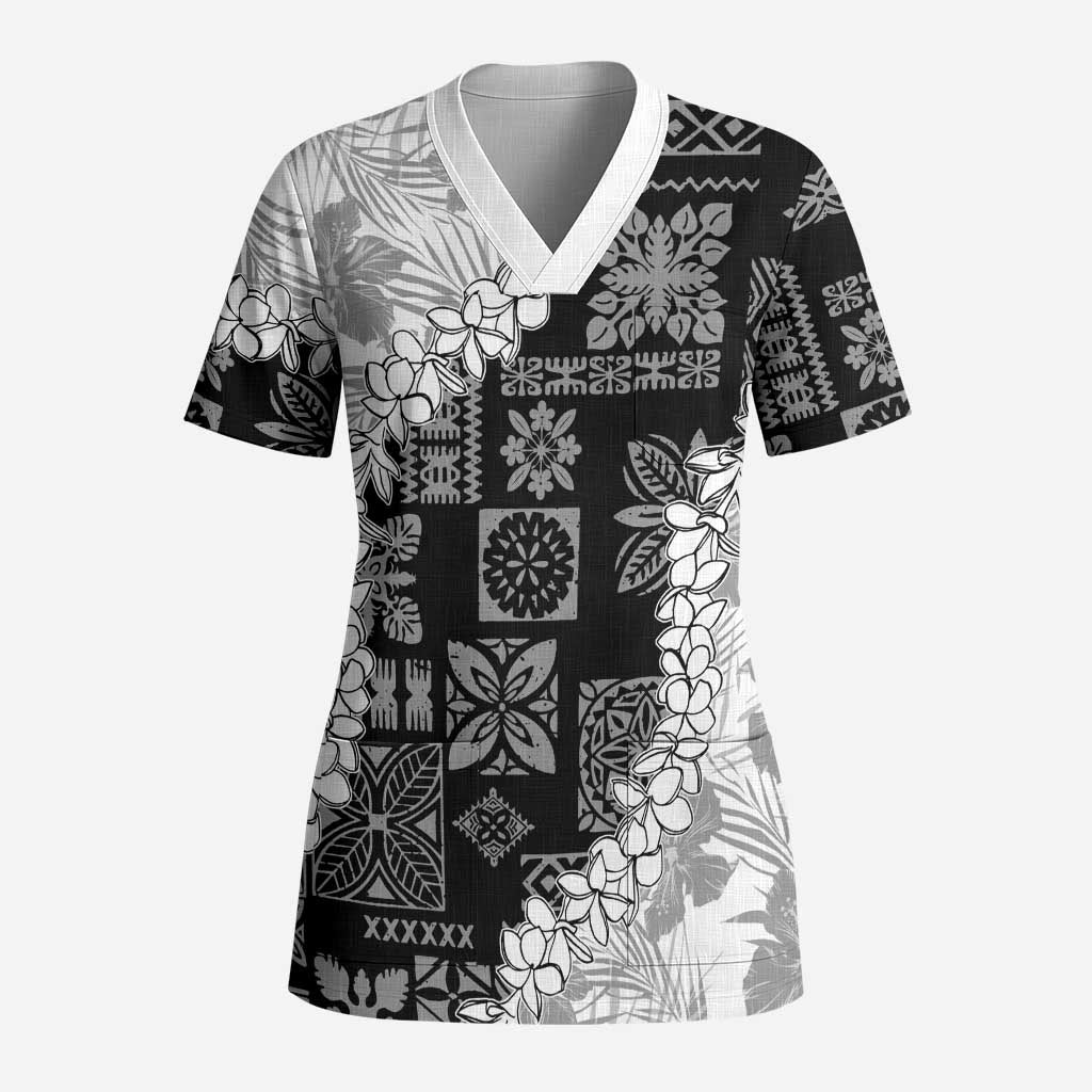 Hawaii Aloha Scrub Top White Quilt Patch Work Mix Plumeria Lei LT7 Adult White - Polynesian Pride