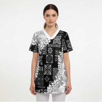 Hawaii Aloha Scrub Top White Quilt Patch Work Mix Plumeria Lei LT7 - Polynesian Pride