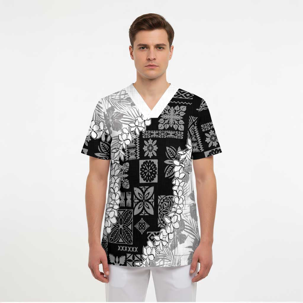 Hawaii Aloha Scrub Top White Quilt Patch Work Mix Plumeria Lei LT7 - Polynesian Pride