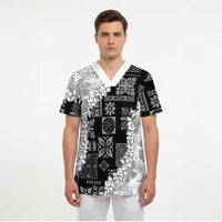 Hawaii Aloha Scrub Top White Quilt Patch Work Mix Plumeria Lei LT7 - Polynesian Pride