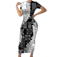 Hawaii Aloha Short Sleeve Bodycon Dress White Quilt Patch Work Mix Plumeria Lei LT7 Long Dress White - Polynesian Pride