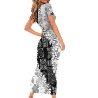 Hawaii Aloha Short Sleeve Bodycon Dress White Quilt Patch Work Mix Plumeria Lei LT7 - Polynesian Pride