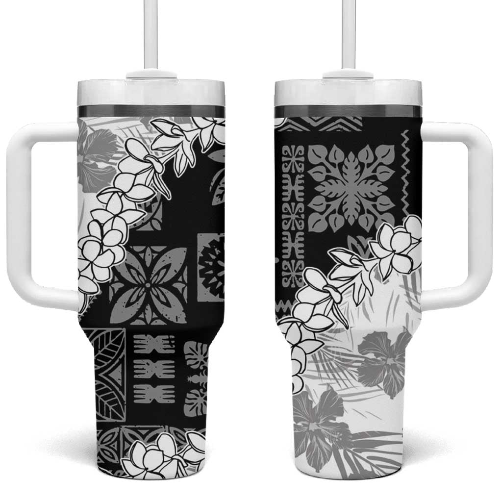 Hawaii Aloha Tumbler With Handle White Quilt Patch Work Mix Plumeria Lei LT7 One Size: 40 oz White - Polynesian Pride