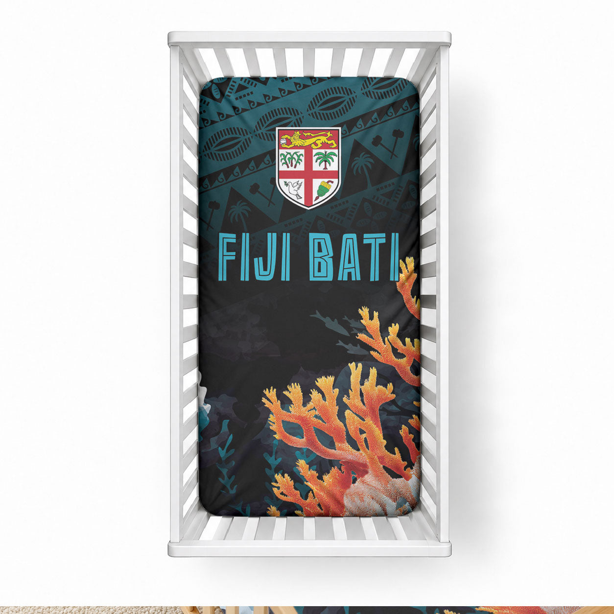 Fiji Bati Rugby Viti Masi Baby Bed Cover Coral Motifs LT7 28 × 52 in Black Turquoise - Polynesian Pride