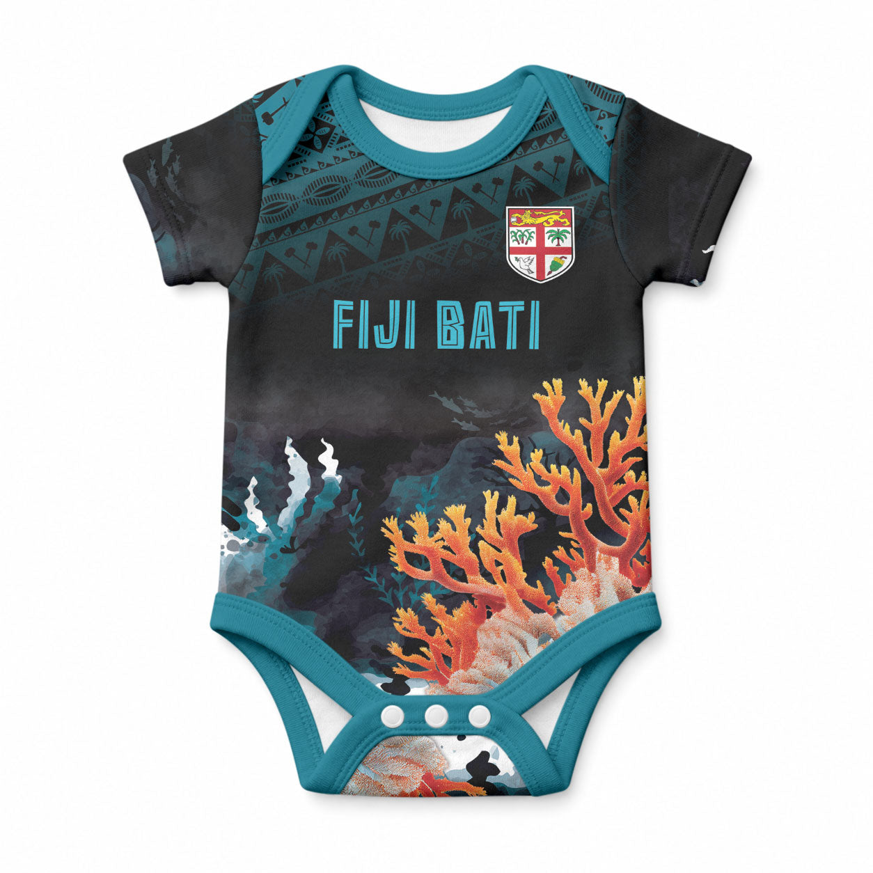 Fiji Bati Rugby Custom Viti Masi Baby Onesie Coral Motifs LT7 Black Turquoise - Polynesian Pride