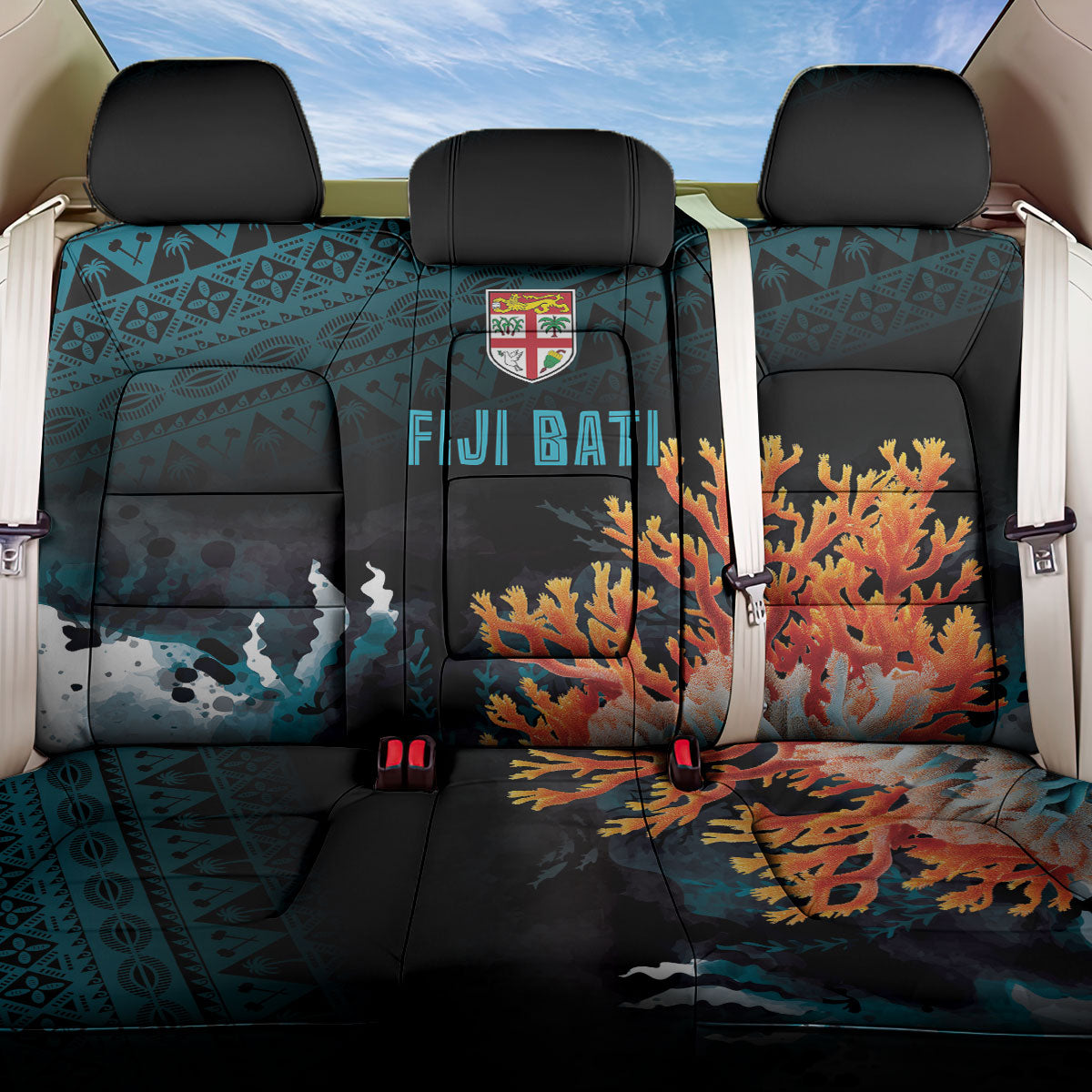 Fiji Bati Rugby Viti Masi Back Car Seat Cover Coral Motifs LT7 One Size Black Turquoise - Polynesian Pride