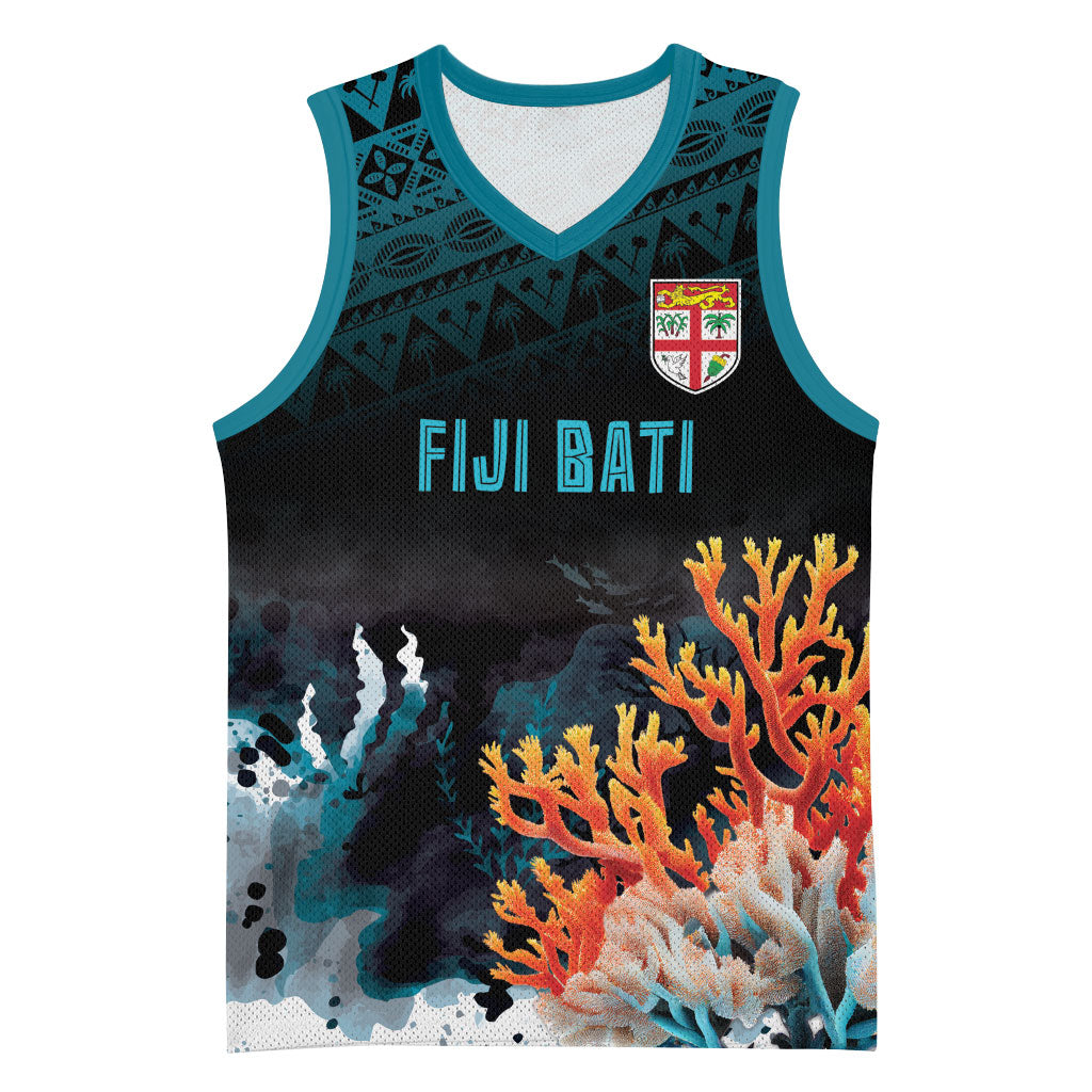 Fiji Bati Rugby Custom Viti Masi Basketball Jersey Coral Motifs LT7 Unisex Black Turquoise - Polynesian Pride