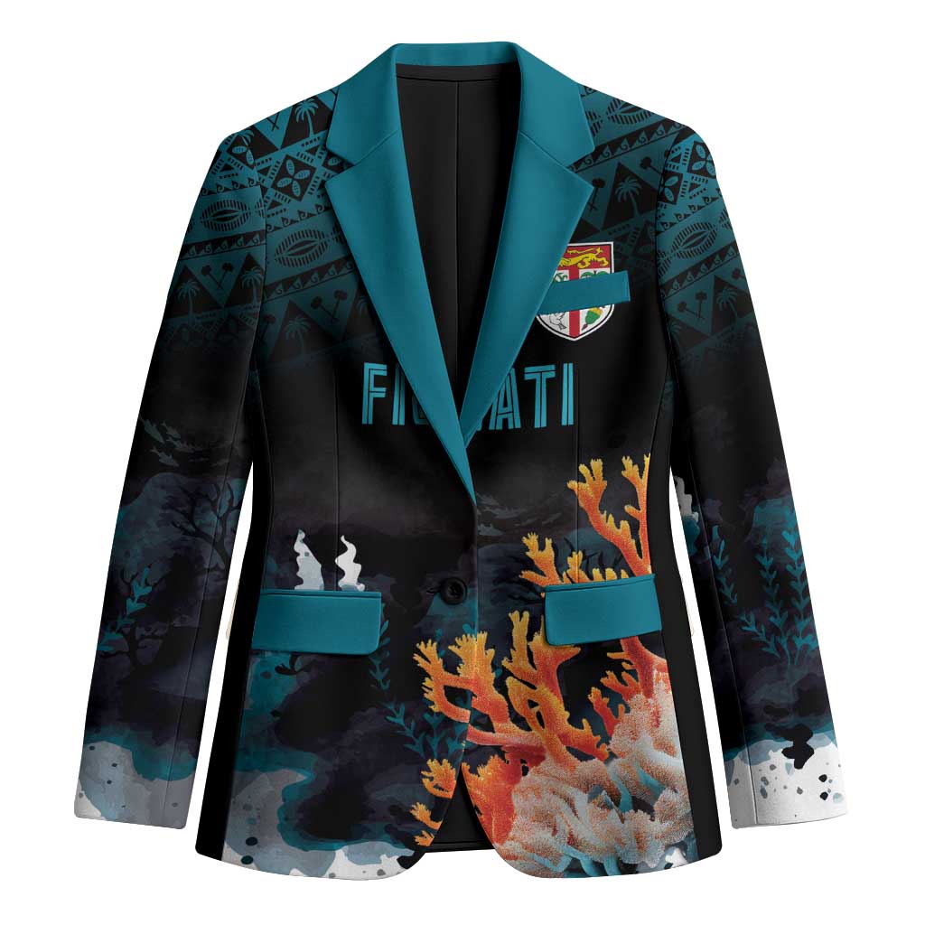 Fiji Bati Rugby Custom Viti Masi Blazer Coral Motifs LT7 Unisex Black Turquoise - Polynesian Pride