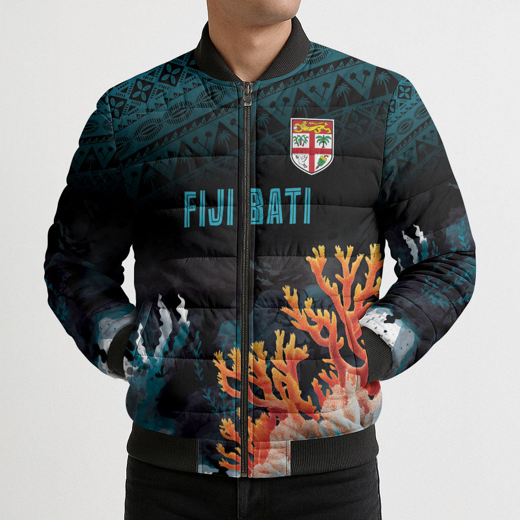 Fiji Bati Rugby Custom Viti Masi Bomber Puffer Jacket Coral Motifs