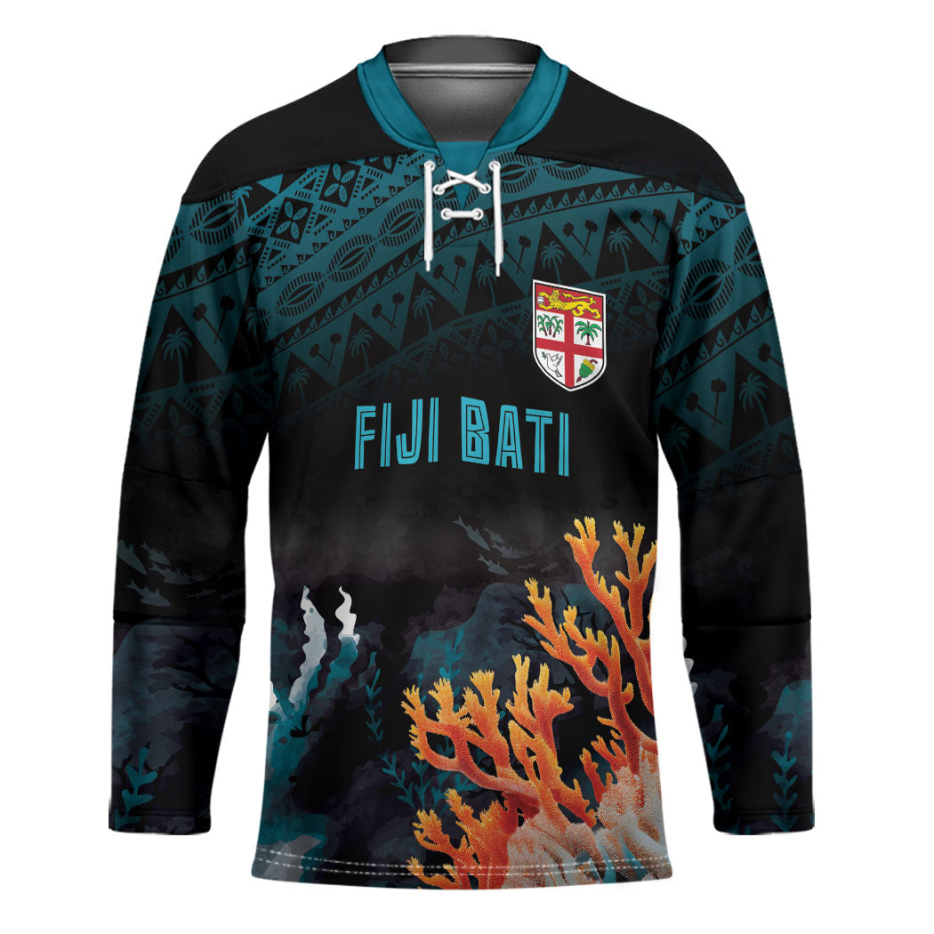 Fiji Bati Rugby Custom Viti Masi Hockey Jersey Coral Motifs LT7 Unisex Black Turquoise - Polynesian Pride