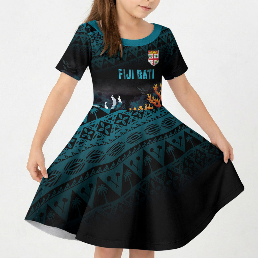 Fiji Bati Rugby Custom Viti Masi Kid Short Sleeve Dress Coral Motifs LT7 KID Black Turquoise - Polynesian Pride