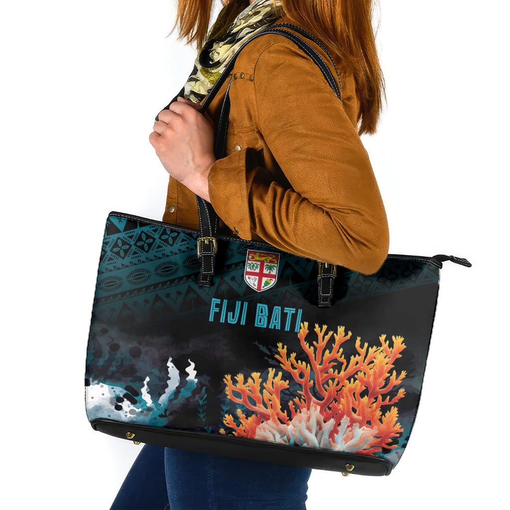 Fiji Bati Rugby Viti Masi Leather Tote Bag Coral Motifs LT7 Black Turquoise - Polynesian Pride