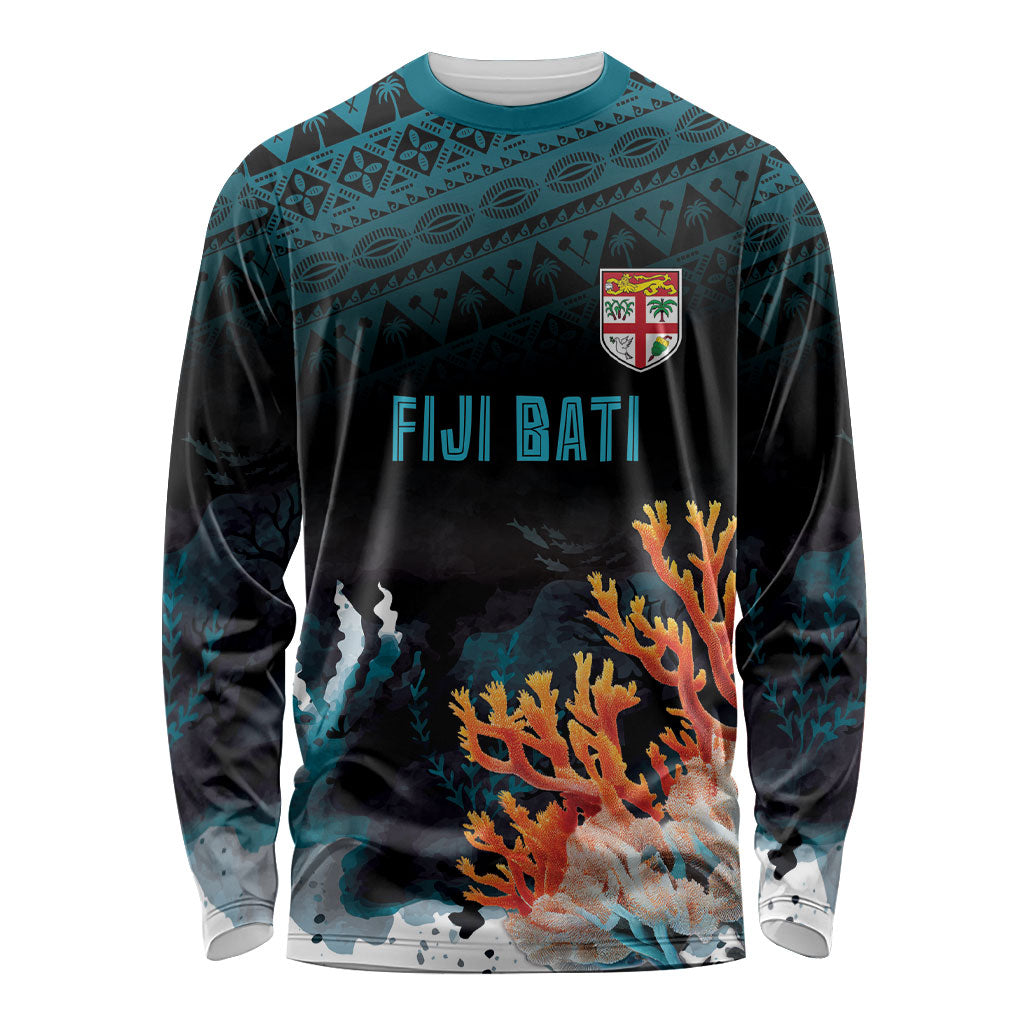 Fiji Bati Rugby Custom Viti Masi Long Sleeve Shirt Coral Motifs LT7 Unisex Black Turquoise - Polynesian Pride