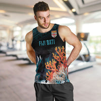 Fiji Bati Rugby Custom Viti Masi Men Tank Top Coral Motifs LT7 Black Turquoise - Polynesian Pride