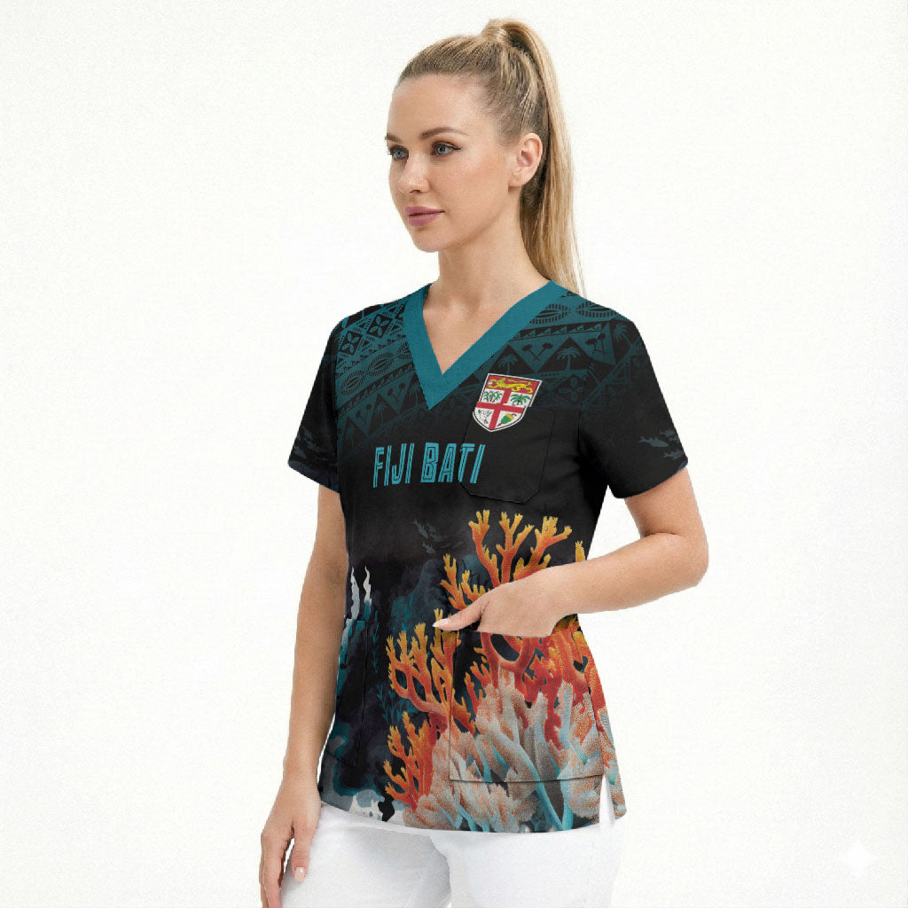Fiji Bati Rugby Custom Viti Masi Scrub Top Coral Motifs