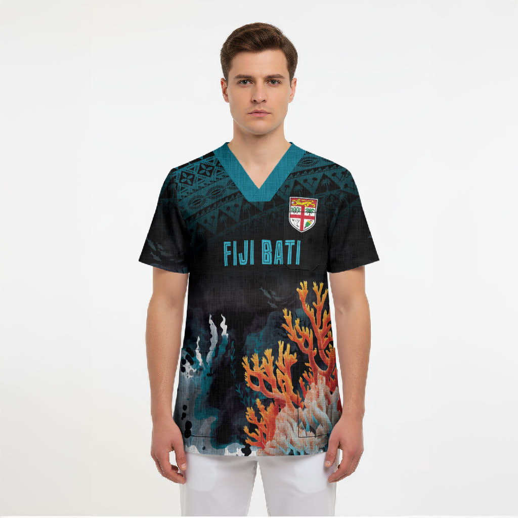 Fiji Bati Rugby Custom Viti Masi Scrub Top Coral Motifs