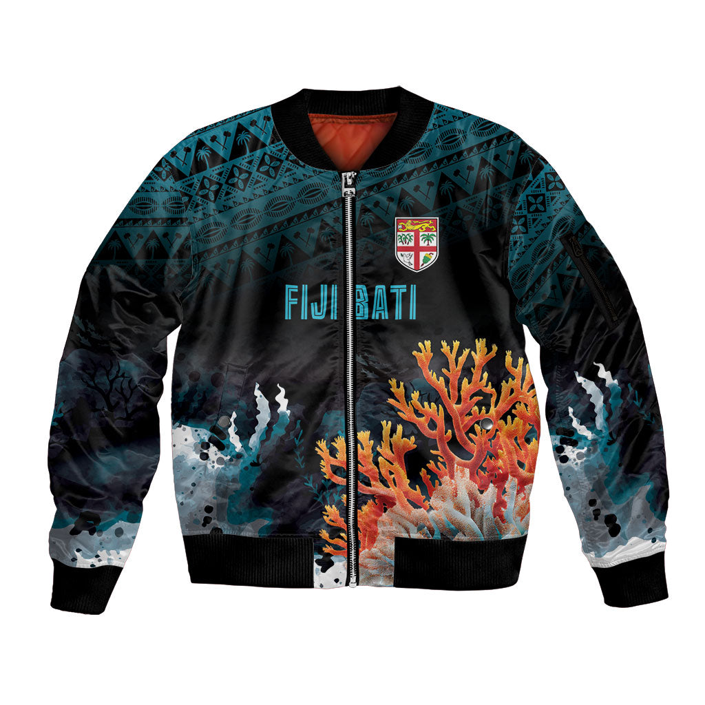 Fiji Bati Rugby Custom Viti Masi Sleeve Zip Bomber Jacket Coral Motifs