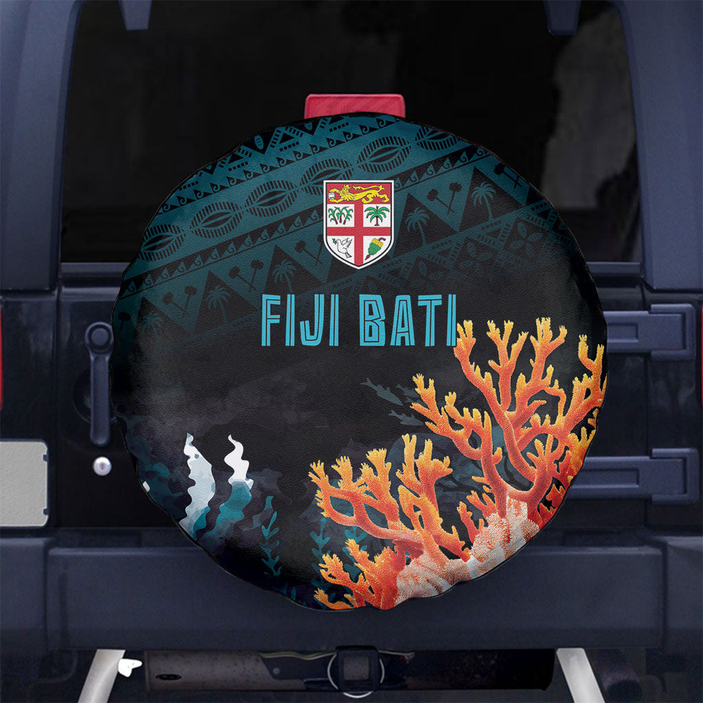 Fiji Bati Rugby Viti Masi Spare Tire Cover Coral Motifs LT7 No hole Black Turquoise - Polynesian Pride