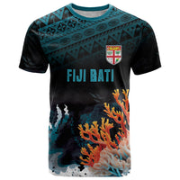 Fiji Bati Rugby Custom Viti Masi T Shirt Coral Motifs LT7 Black Turquoise - Polynesian Pride