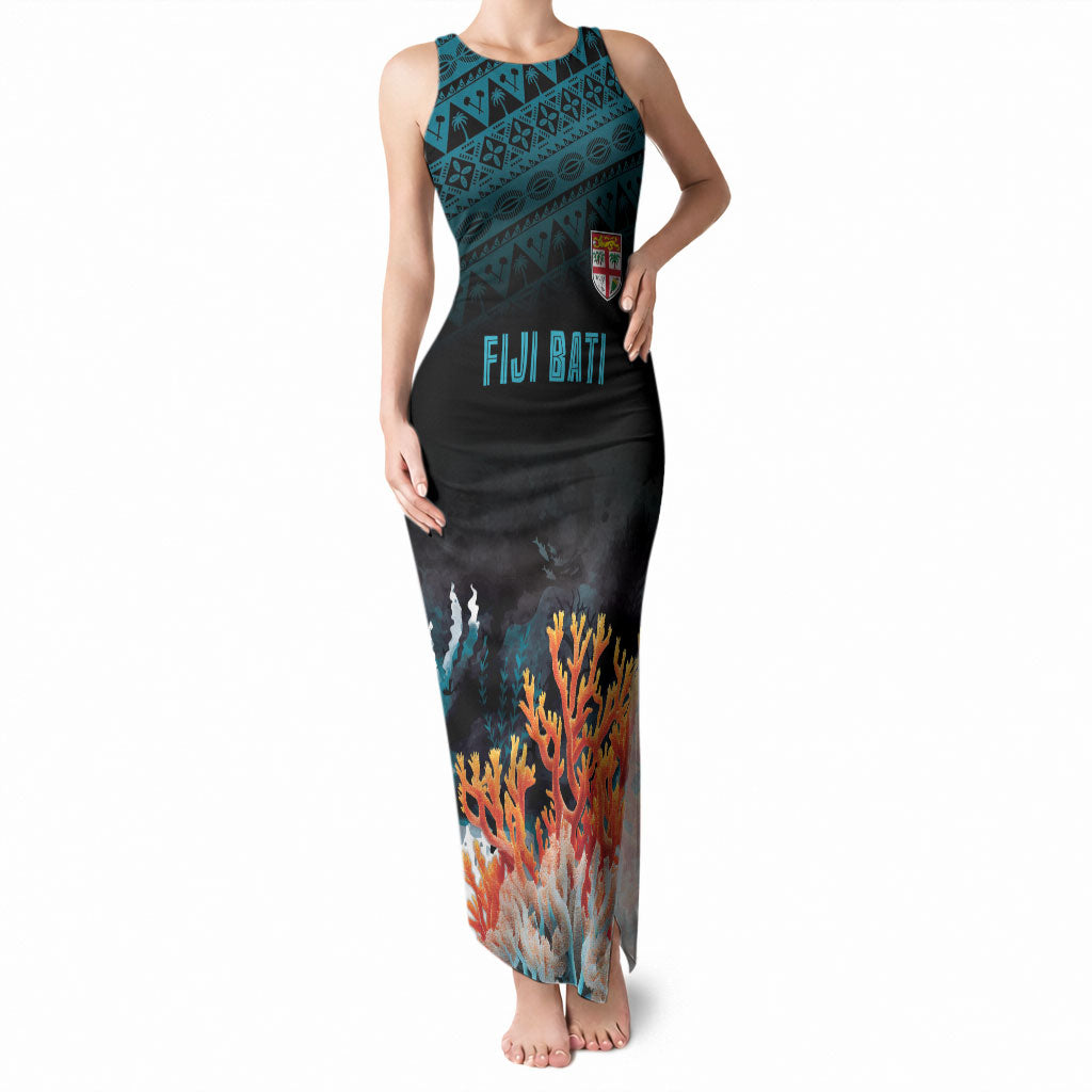 Fiji Bati Rugby Custom Viti Masi Tank Maxi Dress Coral Motifs LT7 Women Black Turquoise - Polynesian Pride