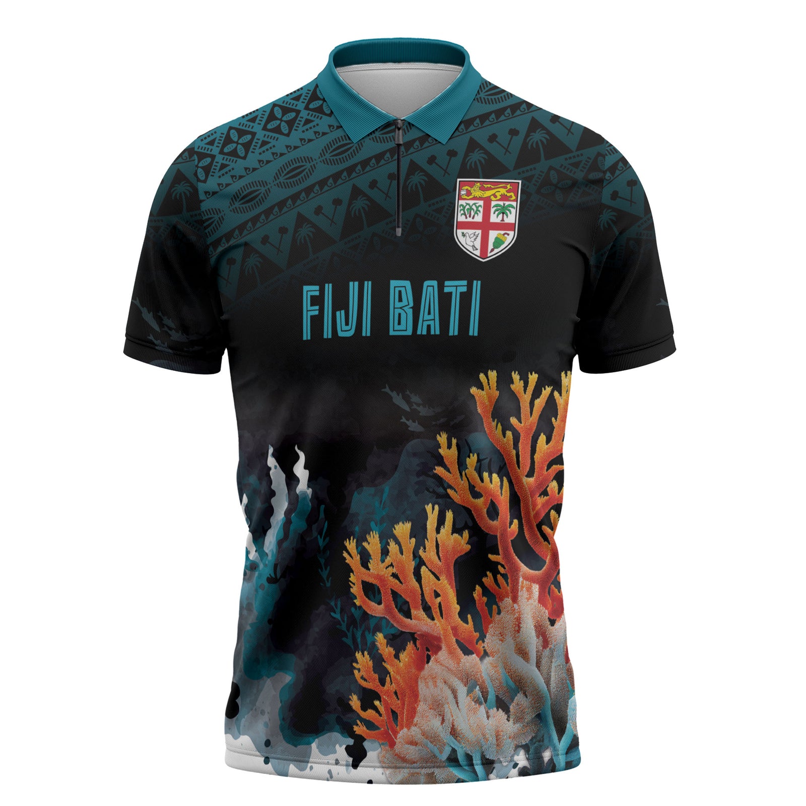 Fiji Bati Rugby Custom Viti Masi Zipper Polo Shirt Coral Motifs LT7 Black Turquoise - Polynesian Pride