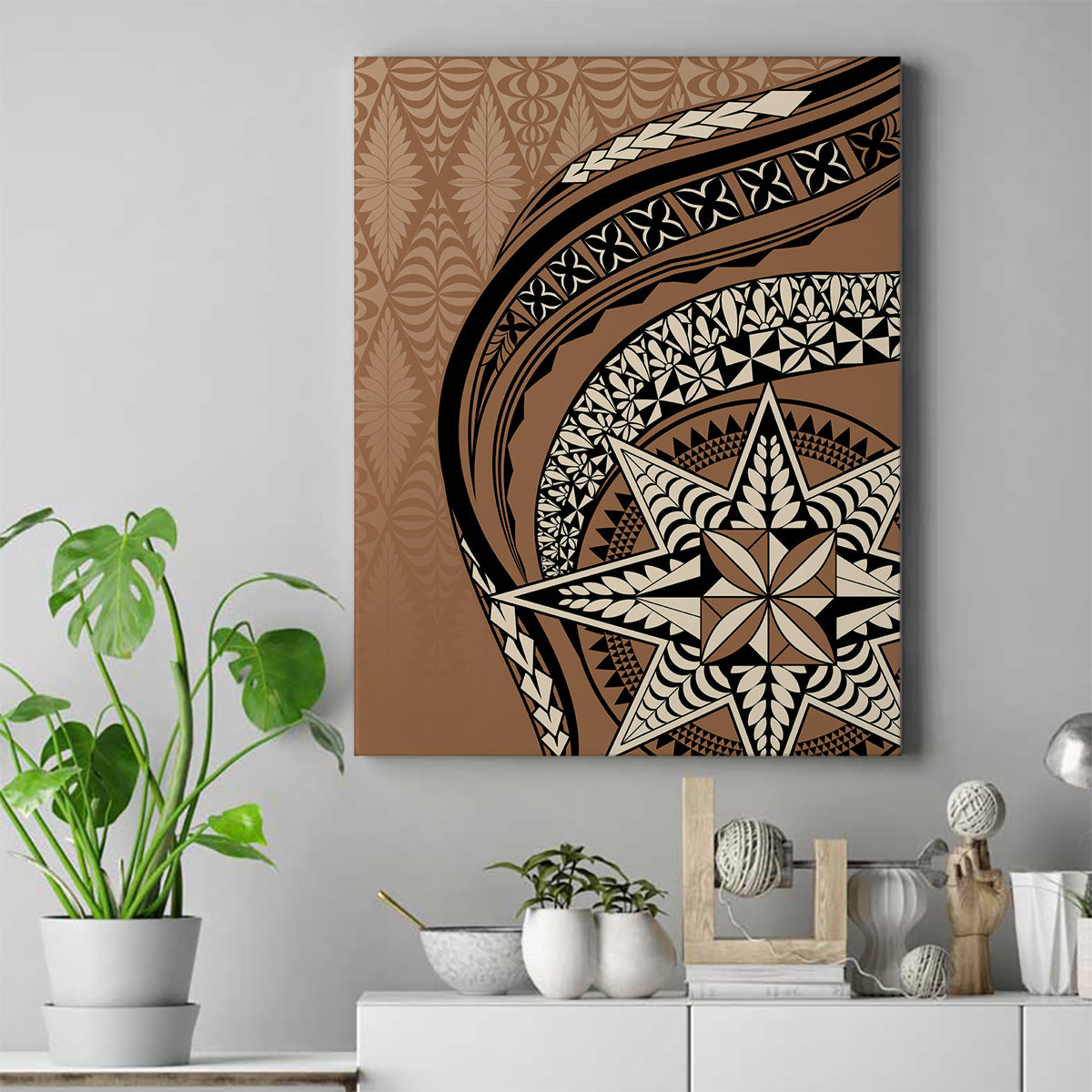 Tonga Ngatu Canvas Wall Art Tokelau Classic Motifs LT7 Brown - Polynesian Pride