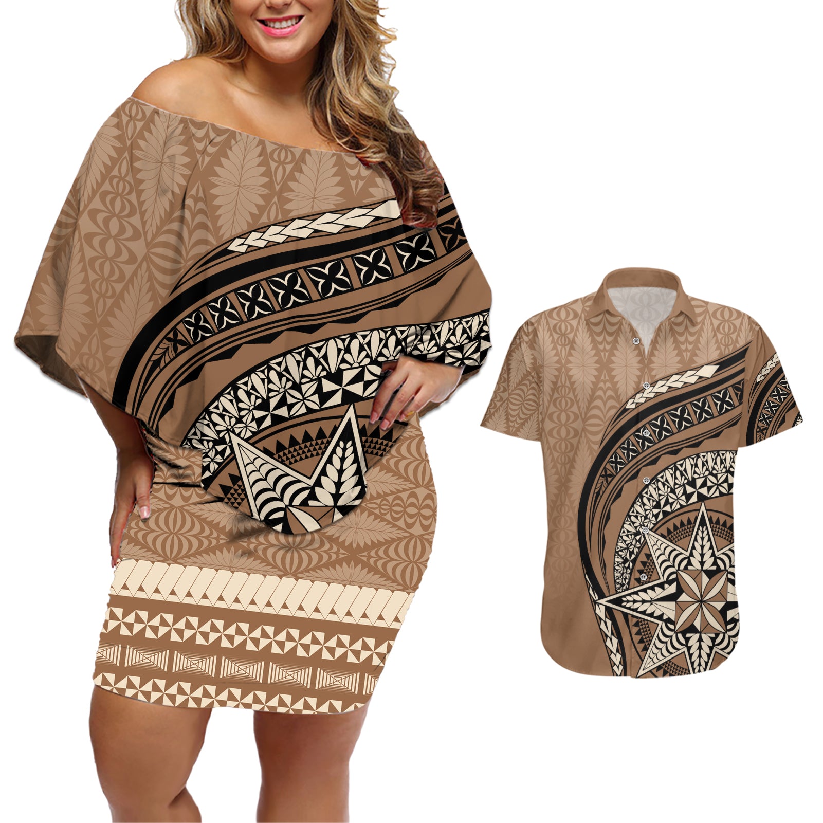 Tonga Ngatu Couples Matching Off Shoulder Short Dress and Hawaiian Shirt Tokelau Classic Motifs LT7 Brown - Polynesian Pride