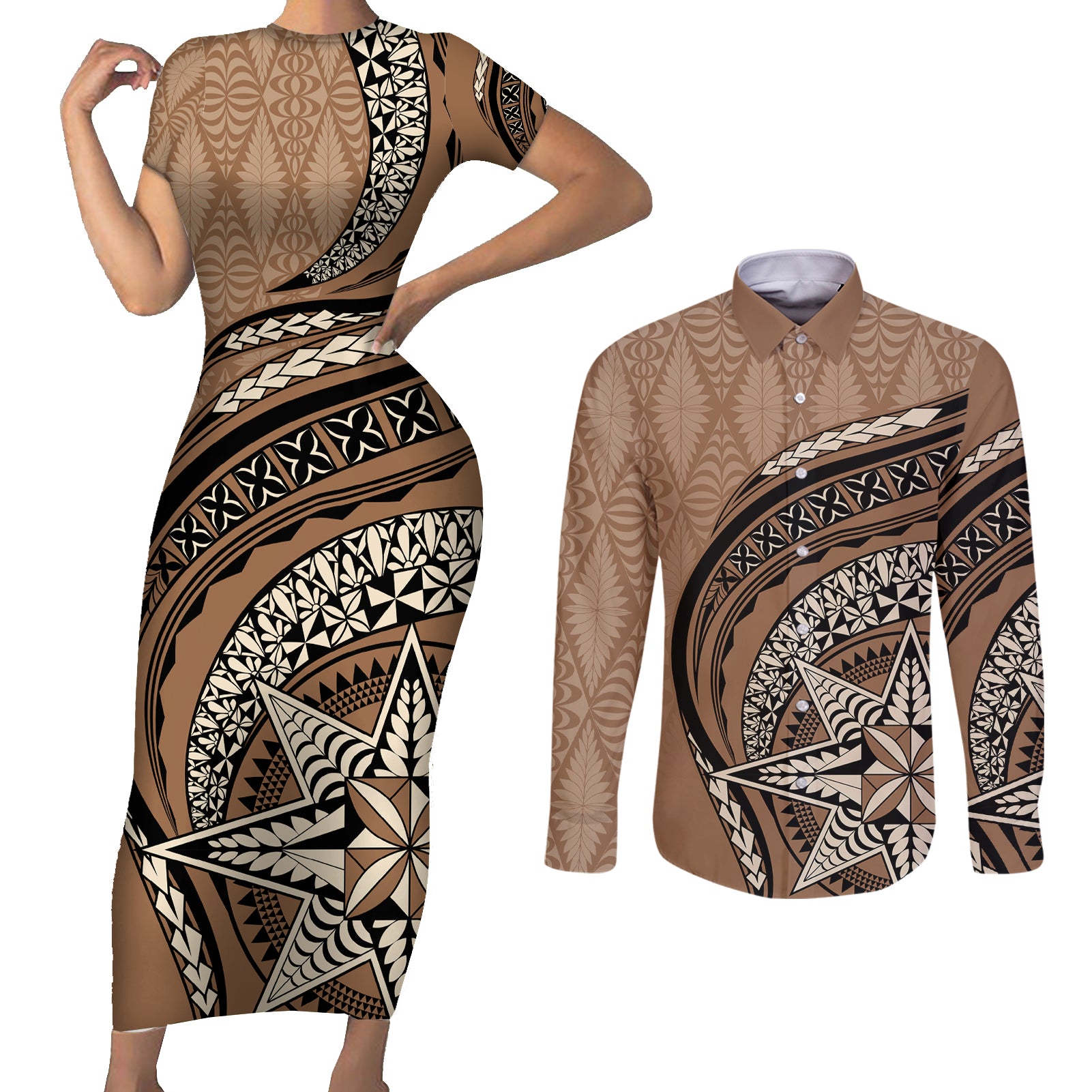 Tonga Ngatu Couples Matching Short Sleeve Bodycon Dress and Long Sleeve Button Shirt Tokelau Classic Motifs LT7 Brown - Polynesian Pride