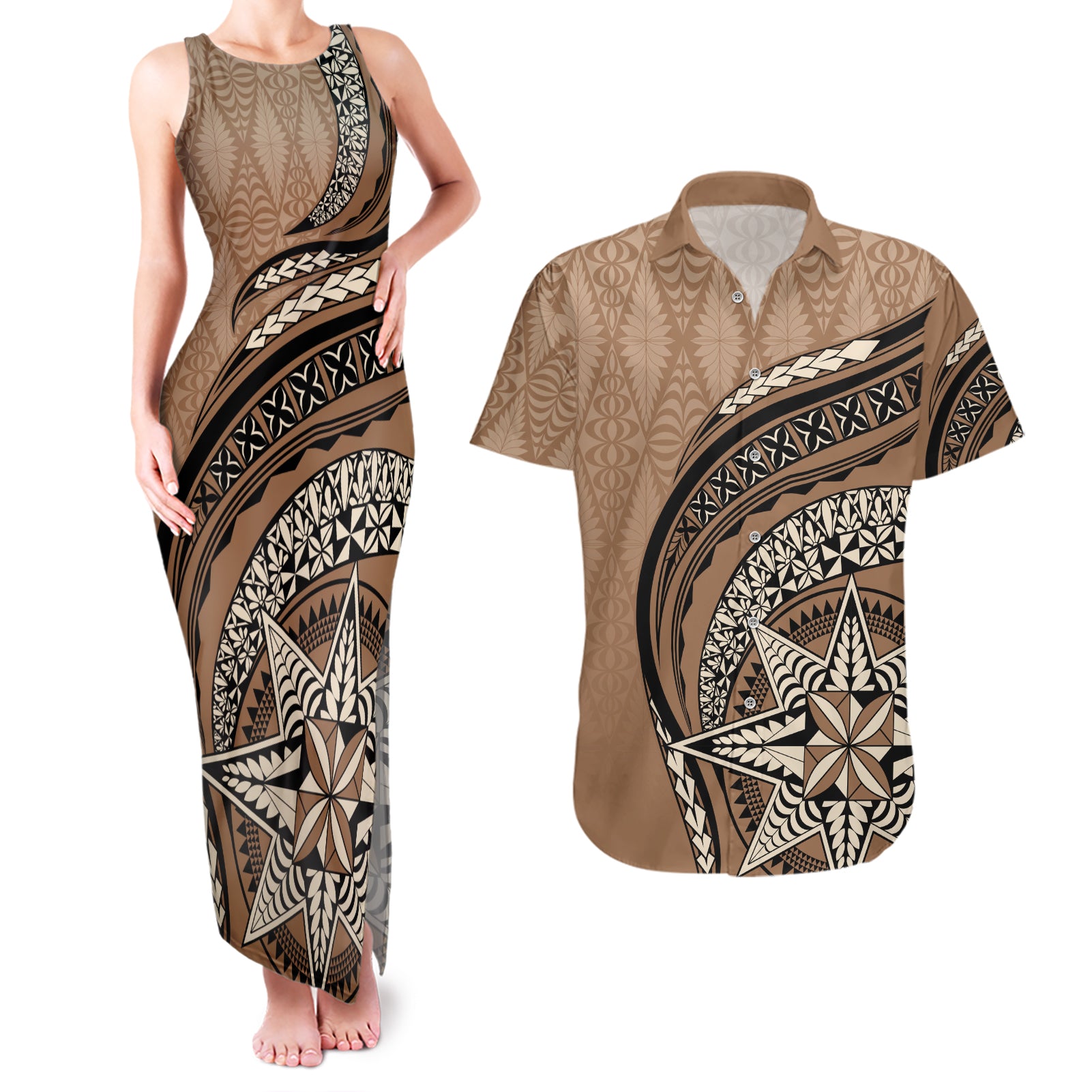 Tonga Ngatu Couples Matching Tank Maxi Dress and Hawaiian Shirt Tokelau Classic Motifs LT7 Brown - Polynesian Pride