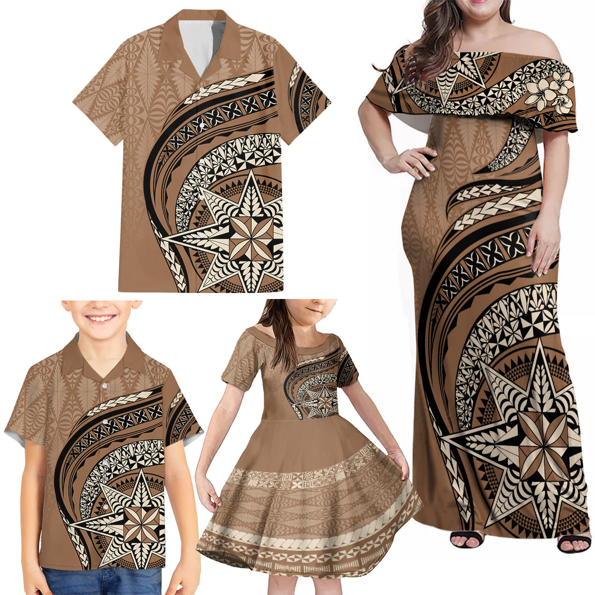 Tonga Ngatu Family Matching Off Shoulder Maxi Dress and Hawaiian Shirt Tokelau Classic Motifs LT7 - Polynesian Pride