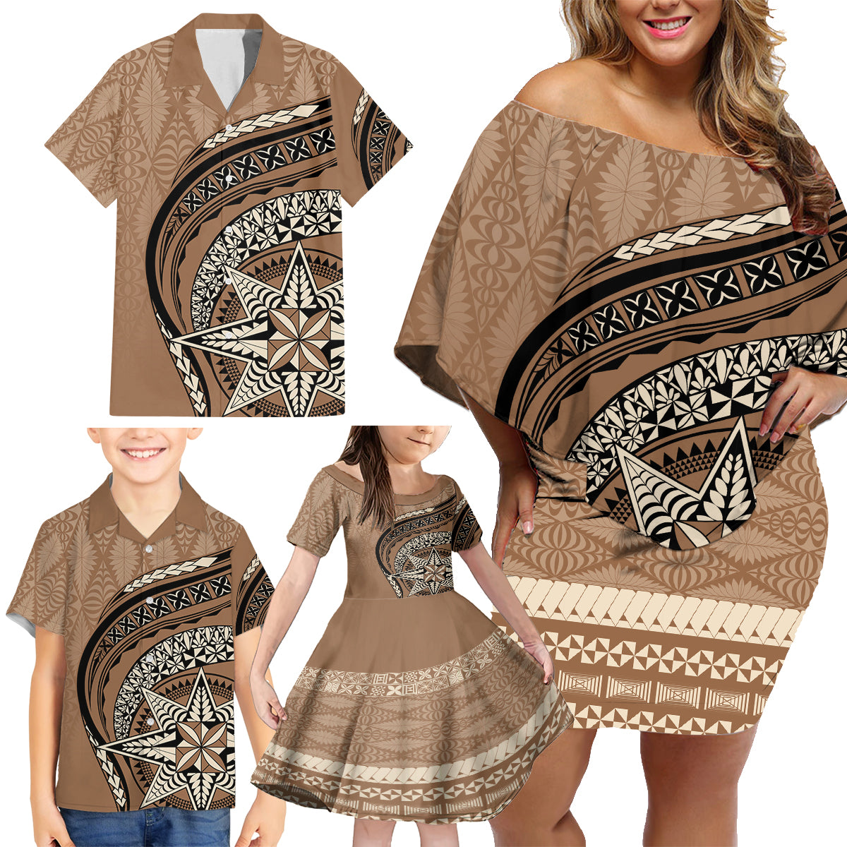 Tonga Ngatu Family Matching Off Shoulder Short Dress and Hawaiian Shirt Tokelau Classic Motifs LT7 - Polynesian Pride