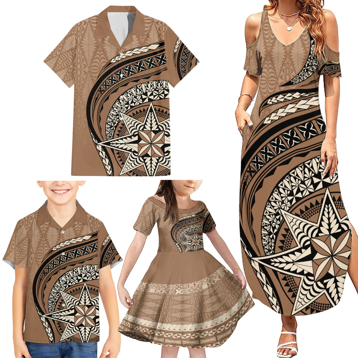 Tonga Ngatu Family Matching Summer Maxi Dress and Hawaiian Shirt Tokelau Classic Motifs LT7 - Polynesian Pride