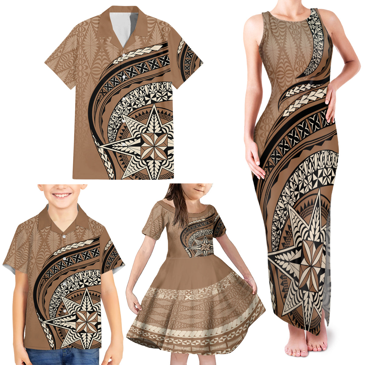 Tonga Ngatu Family Matching Tank Maxi Dress and Hawaiian Shirt Tokelau Classic Motifs LT7 - Polynesian Pride