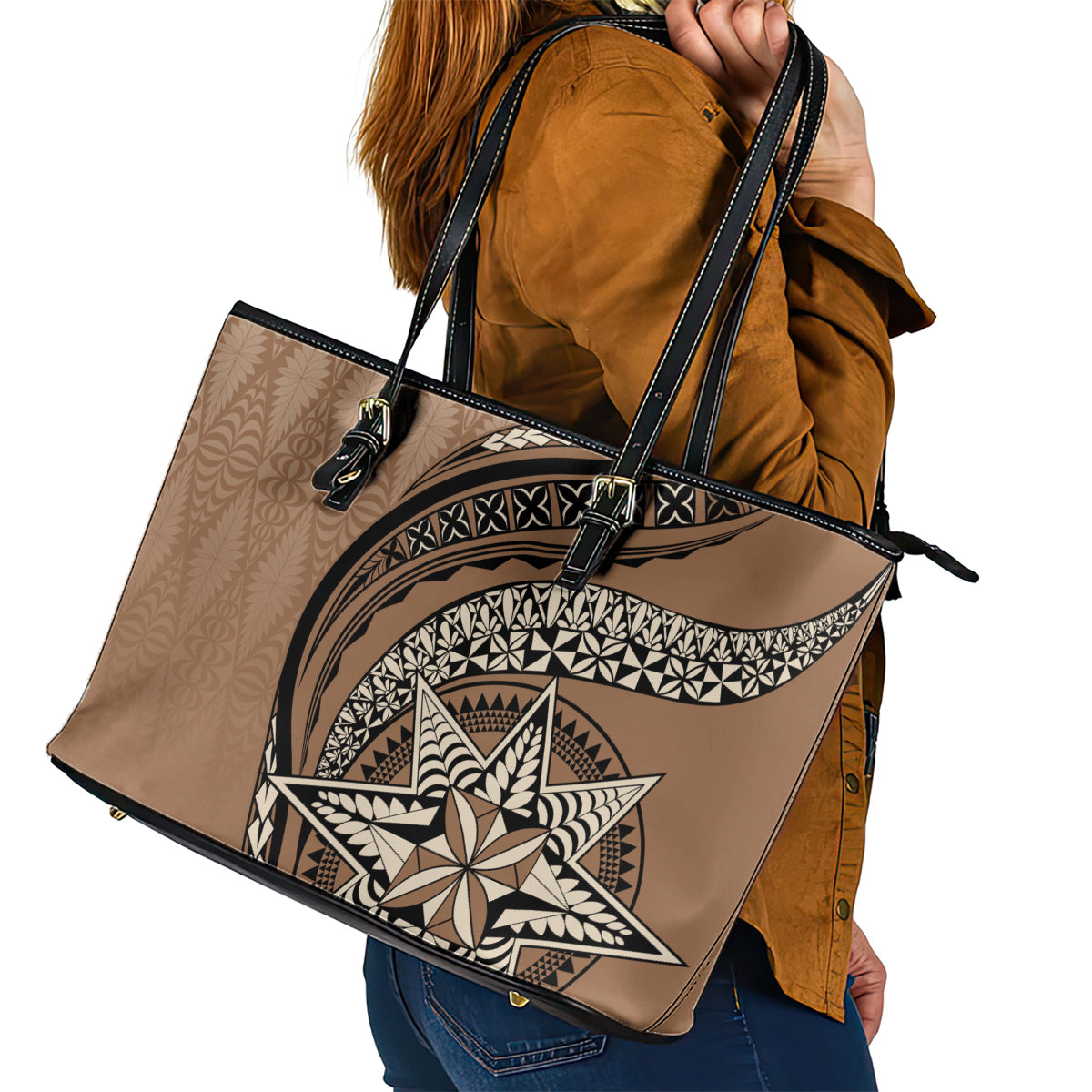 Tonga Ngatu Leather Tote Bag Tokelau Classic Motifs LT7 - Polynesian Pride