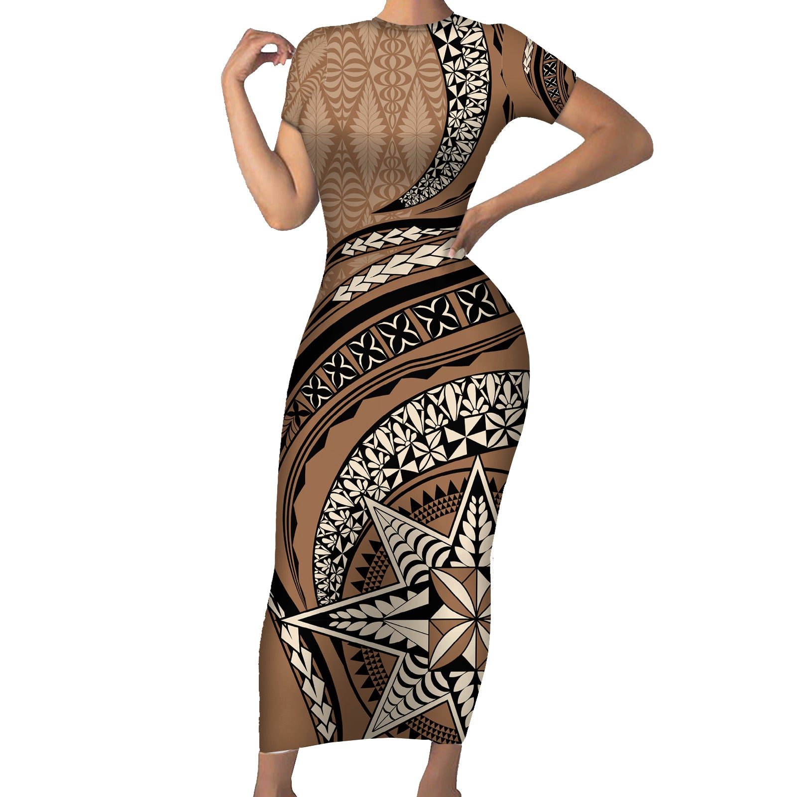 Tonga Ngatu Short Sleeve Bodycon Dress Tokelau Classic Motifs LT7 Long Dress Brown - Polynesian Pride