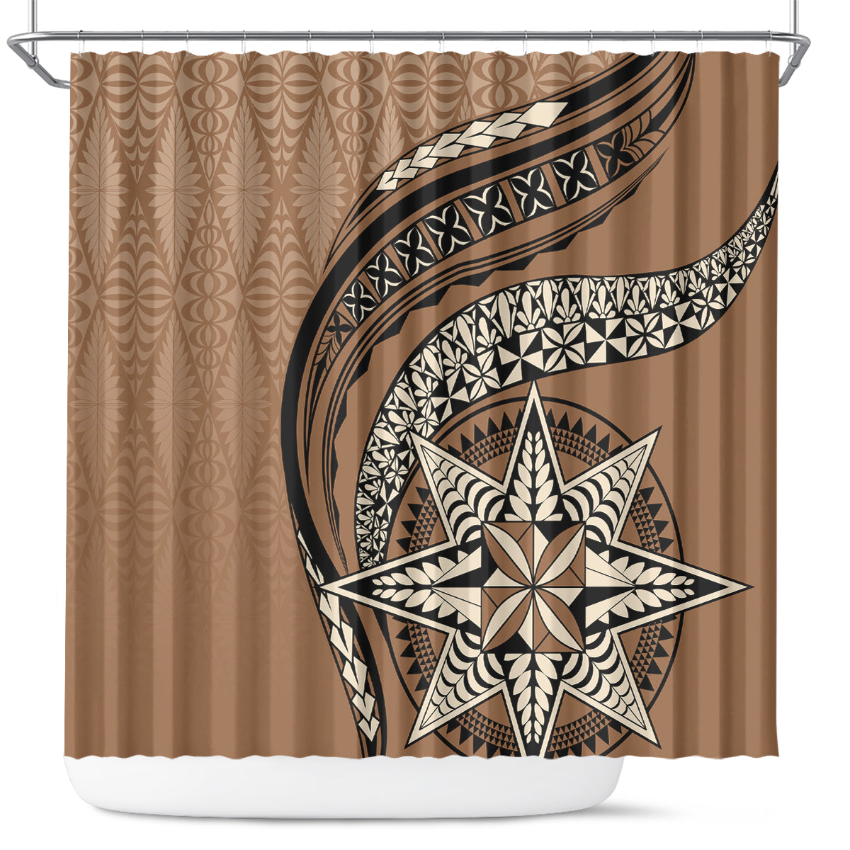 Tonga Ngatu Shower Curtain Tokelau Classic Motifs LT7 Brown - Polynesian Pride