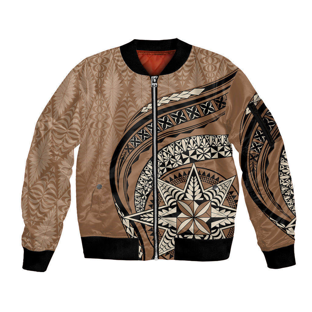 Tonga Ngatu Sleeve Zip Bomber Jacket Tokelau Classic Motifs LT7 Unisex Brown - Polynesian Pride