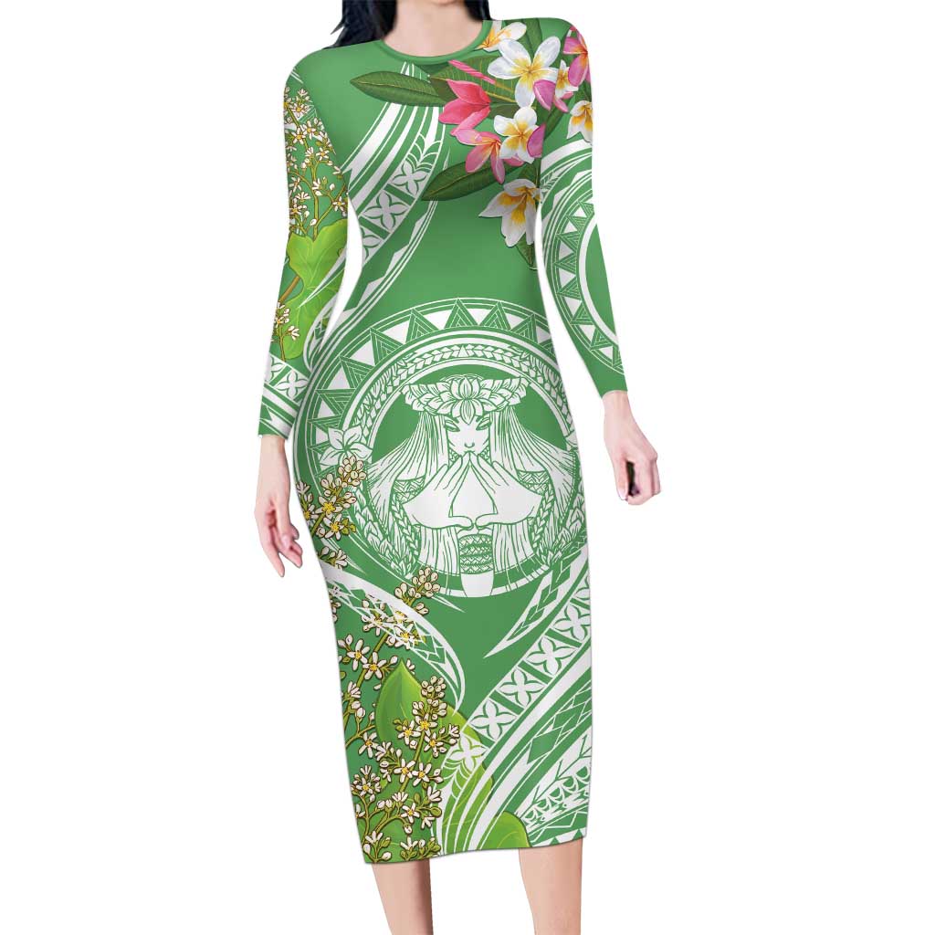 Aloha Molokai Island Long Sleeve Bodycon Dress Hawaii Pua Kukui LT7 Long Dress Green - Polynesian Pride