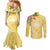 Aloha Hawaii Oahu Couples Matching Mermaid Dress and Long Sleeve Button Shirt Wahine with Ilima Lei