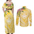 Aloha Hawaii Oahu Couples Matching Off Shoulder Maxi Dress and Long Sleeve Button Shirt Wahine with Ilima Lei