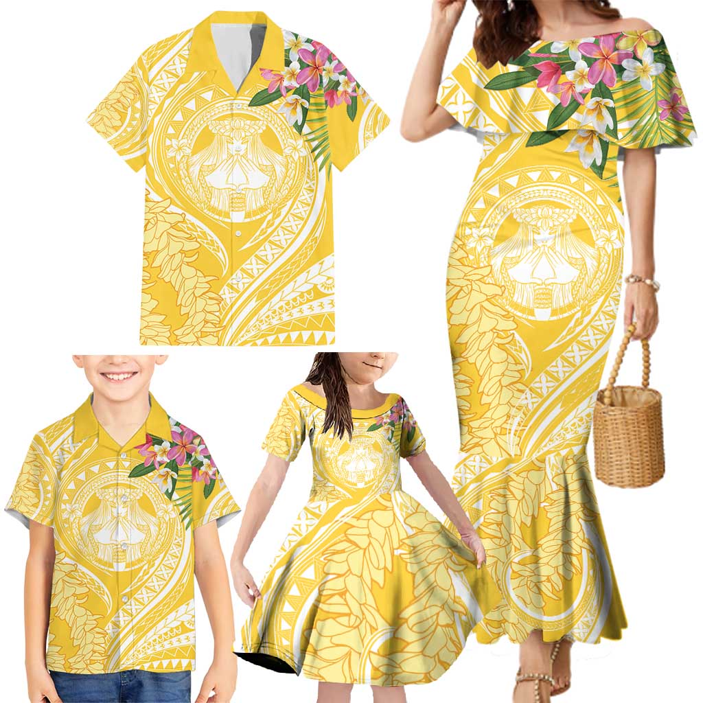 Aloha Hawaii Oahu Family Matching Mermaid Dress and Hawaiian Shirt Wahine with Ilima Lei