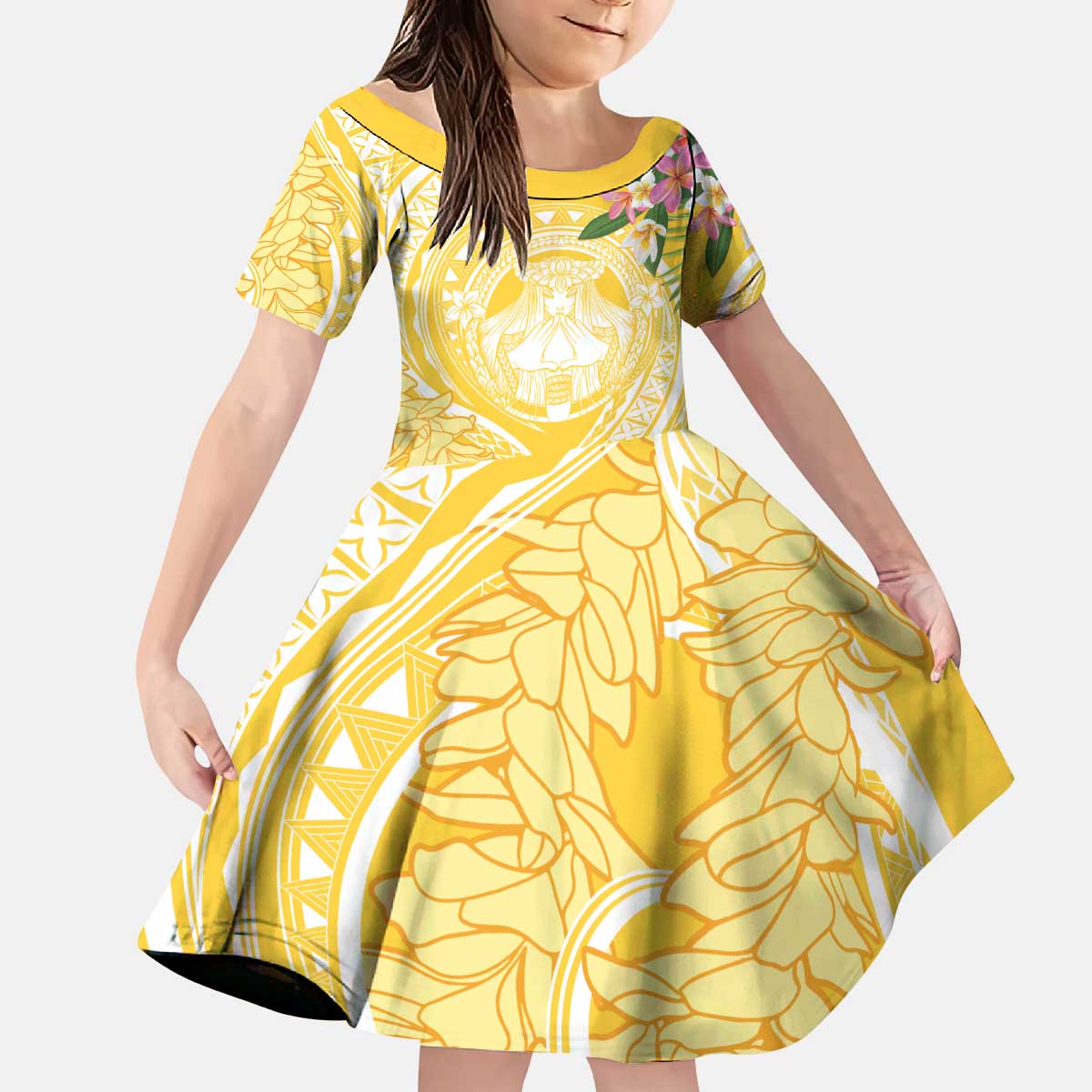 Aloha Hawaii Oahu Kid Short Sleeve Dress Wahine with Ilima Lei LT7 KID Yellow - Polynesian Pride