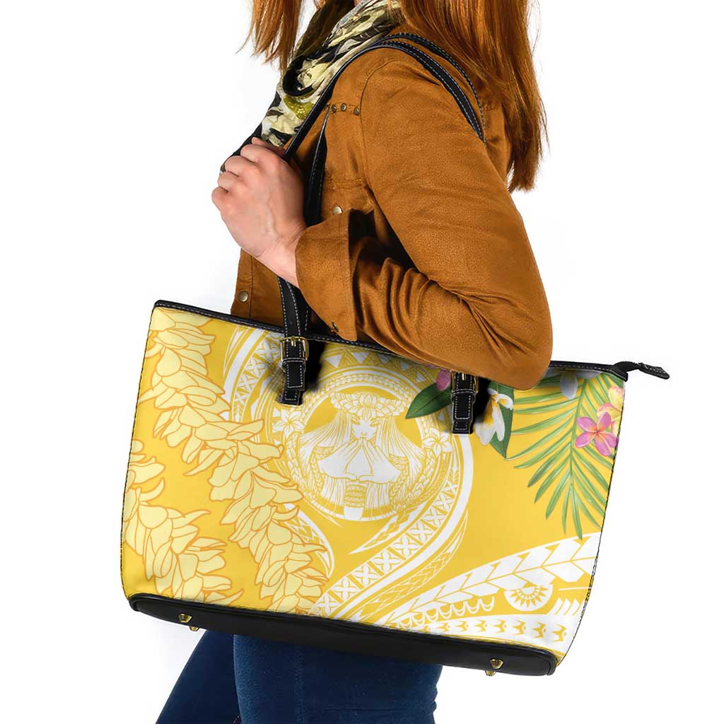 Aloha Hawaii Oahu Leather Tote Bag Wahine with Ilima Lei LT7 Yellow - Polynesian Pride