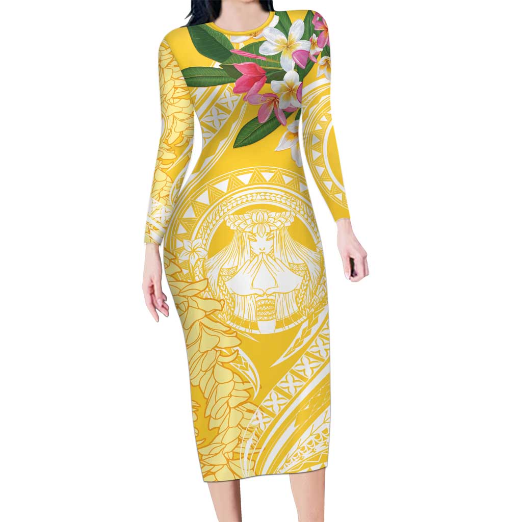 Aloha Hawaii Oahu Long Sleeve Bodycon Dress Wahine with Ilima Lei LT7 Long Dress Yellow - Polynesian Pride