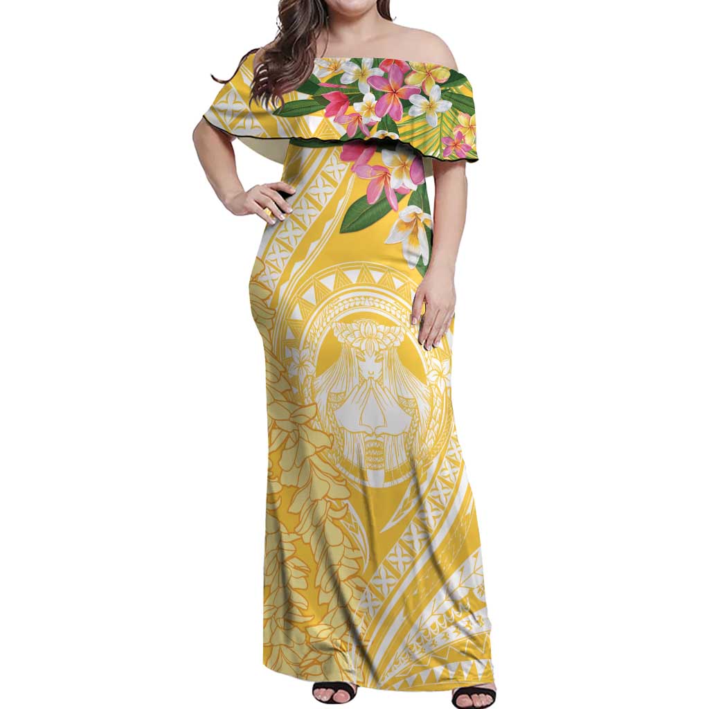 Aloha Hawaii Oahu Off Shoulder Maxi Dress Wahine with Ilima Lei LT7 Women Yellow - Polynesian Pride