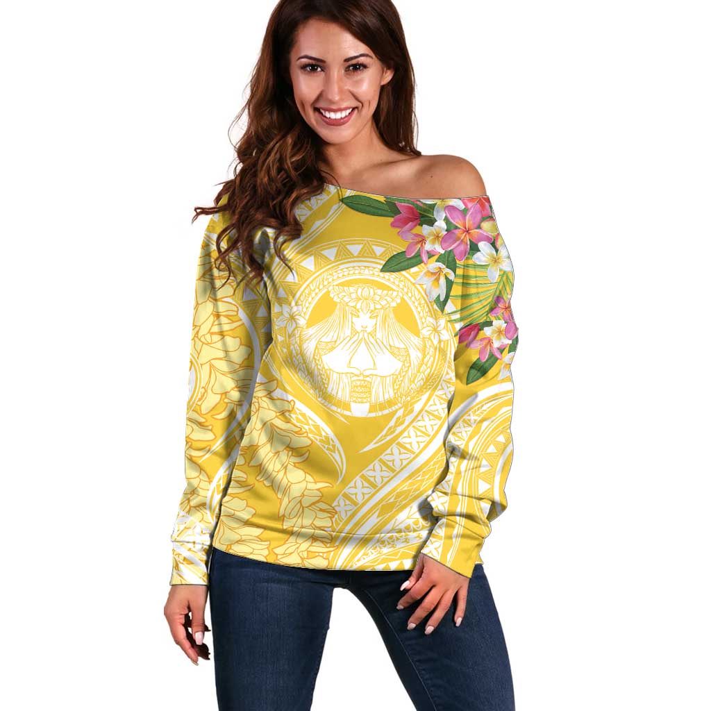 Aloha Hawaii Oahu Off Shoulder Sweater Wahine with Ilima Lei LT7 Women Yellow - Polynesian Pride
