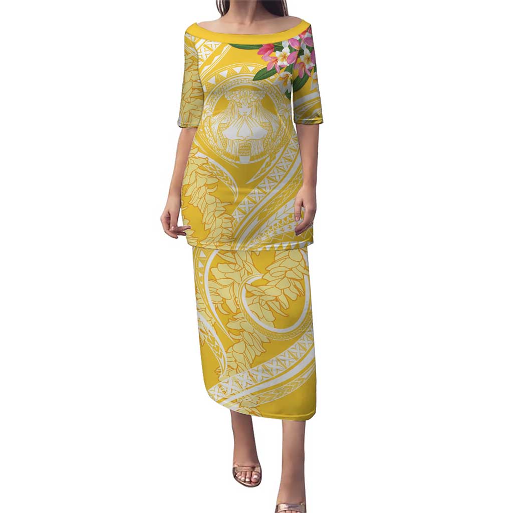 Aloha Hawaii Oahu Puletasi Wahine with Ilima Lei LT7 Long Dress Yellow - Polynesian Pride