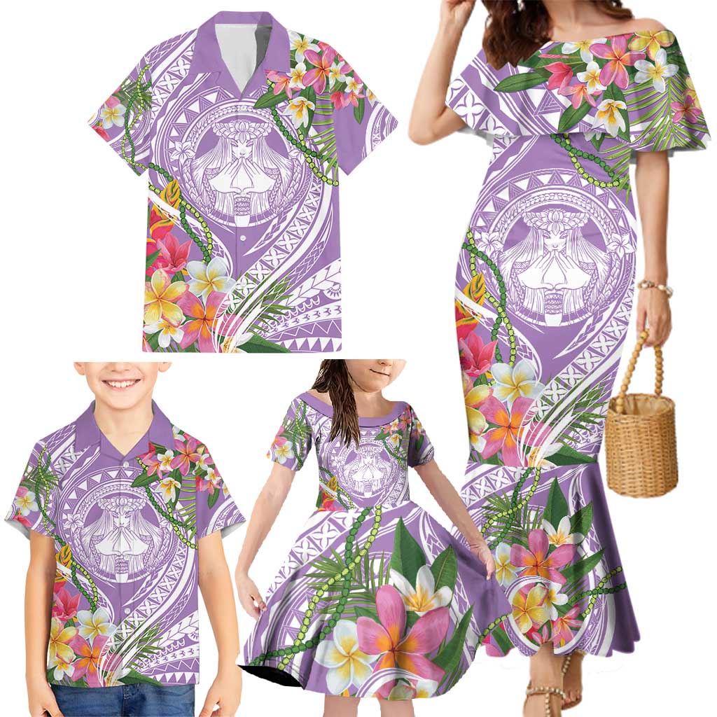 Aloha Hawaii Kauai Family Matching Mermaid Dress and Hawaiian Shirt Frangipani Mix Mokihana Lei